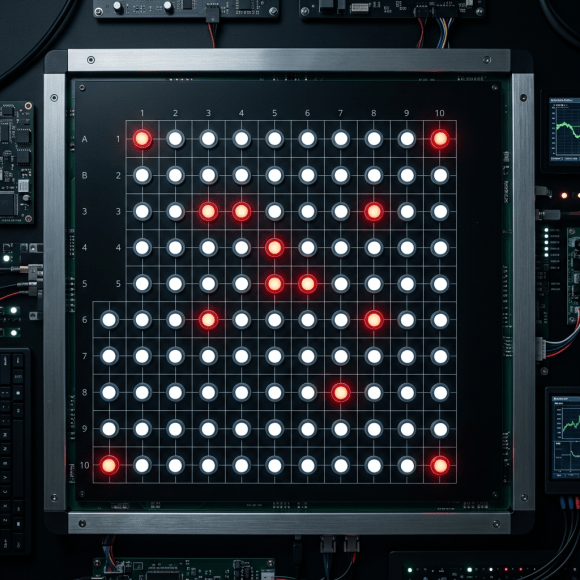 A 10-by-10 grid of circular lights with some red illuminated points on a black circuit board.